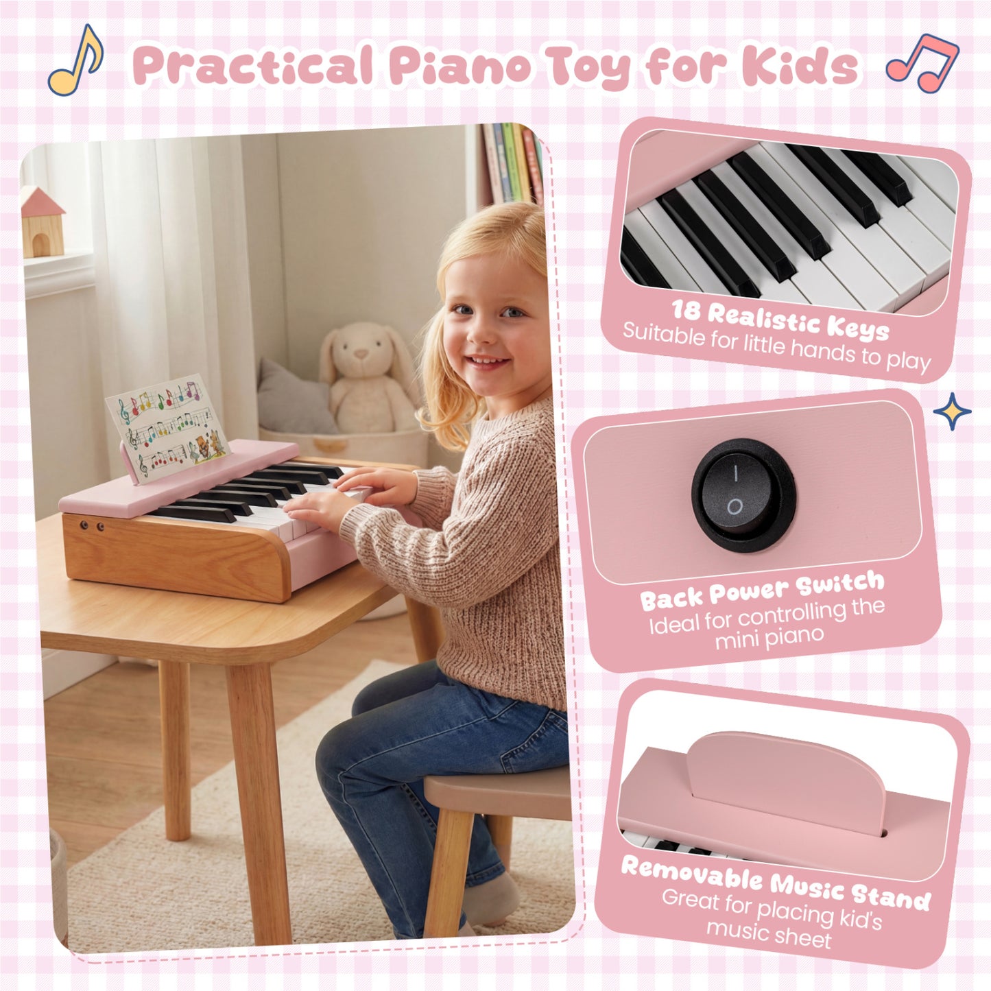 18 Keys Wooden Piano for Kids with Removable Music Stand, Pink Pianos & Keyboards at Gallery Canada