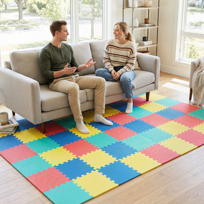 18 Pack Interlocking EVA Foam Floor Tiles with Boarders, Multicolor Decorative Fencing & Flooring at Gallery Canada