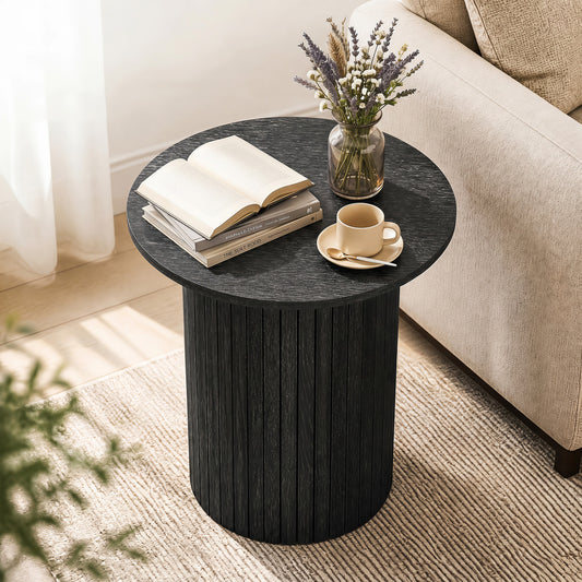 18" Round Fluted Side Table, Pedestal Drum Design, Black End & Side Tables Black at Gallery Canada