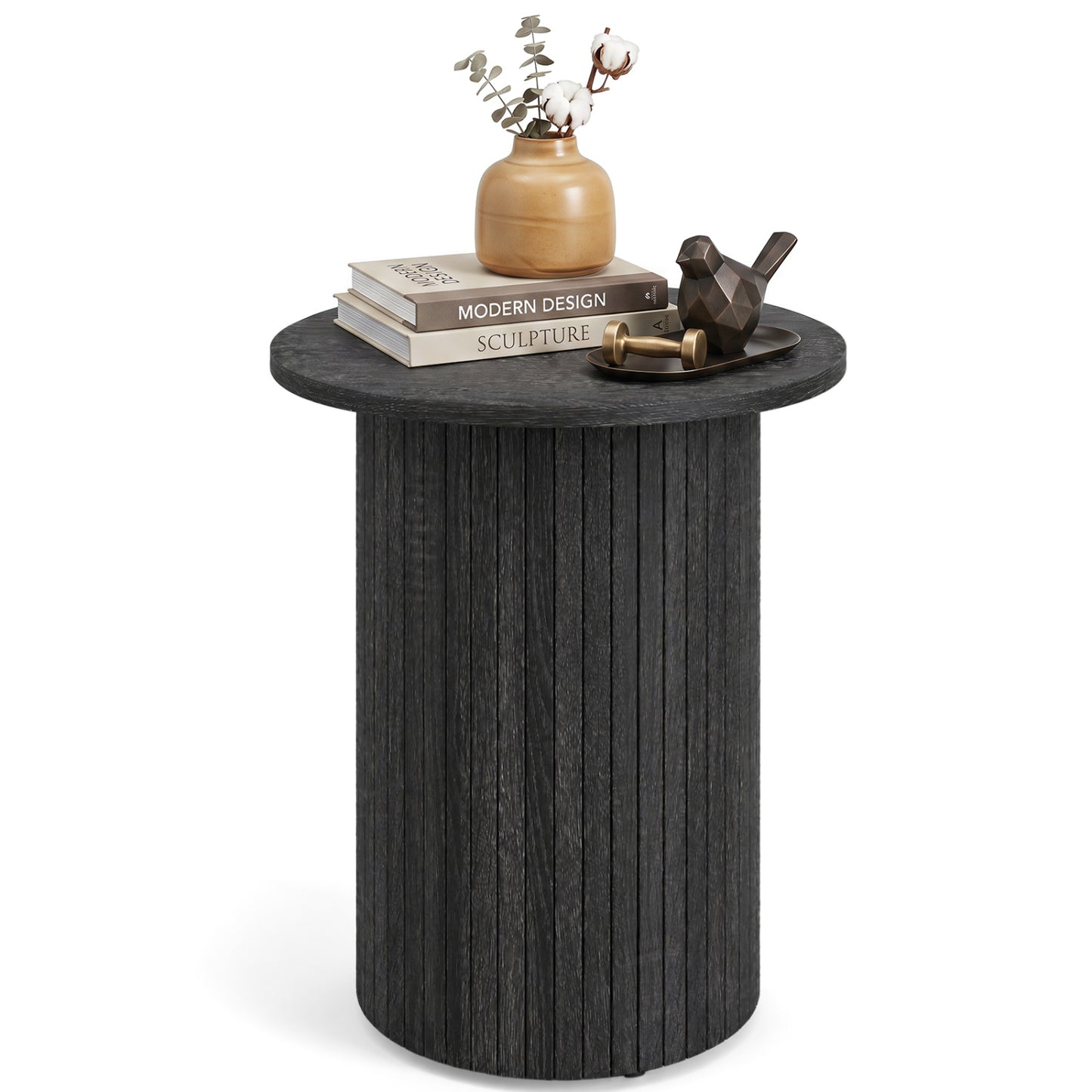 Table d'appoint ronde de 18" à cannelures, pied central en forme de tambour, noir