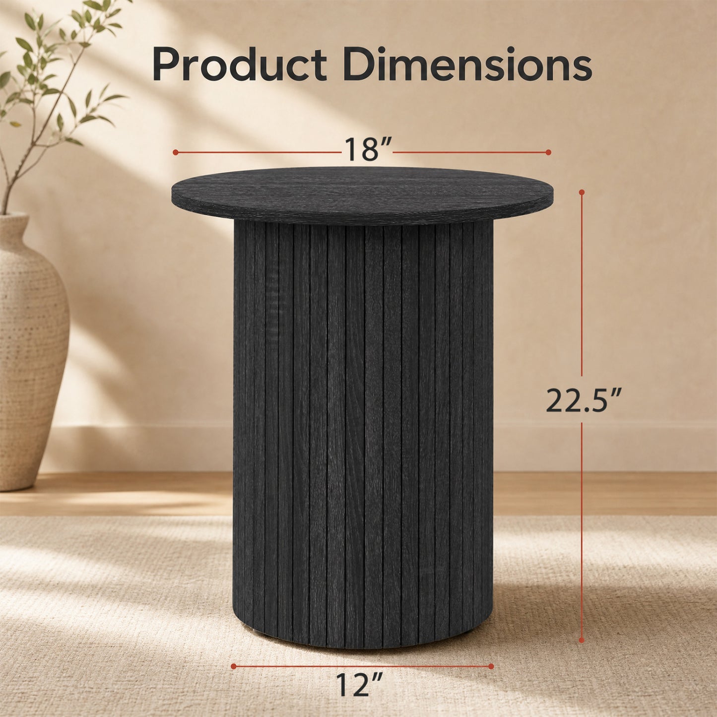 Table d'appoint ronde de 18" à cannelures, pied central en forme de tambour, noir
