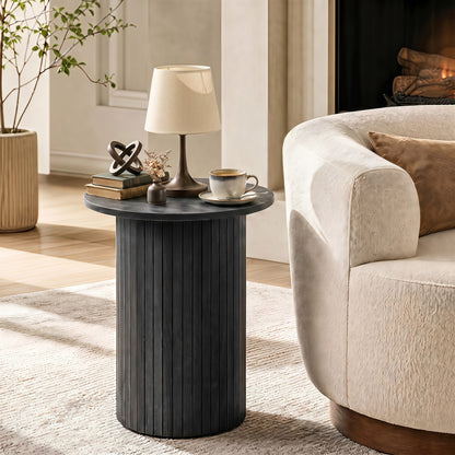 Table d'appoint ronde de 18" à cannelures, pied central en forme de tambour, noir