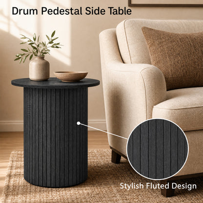 Table d'appoint ronde de 18" à cannelures, pied central en forme de tambour, noir