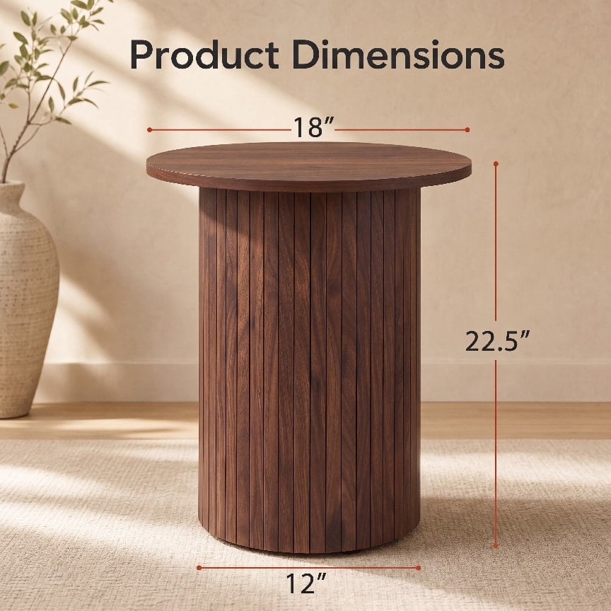 Table d'appoint ronde cannelée de 18", tambour à piédestal, noyer