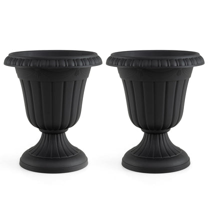 18 inch Tall Vintage Planters Set of 2 with Pedestal Base and Pre-marked Drain Hole, Black