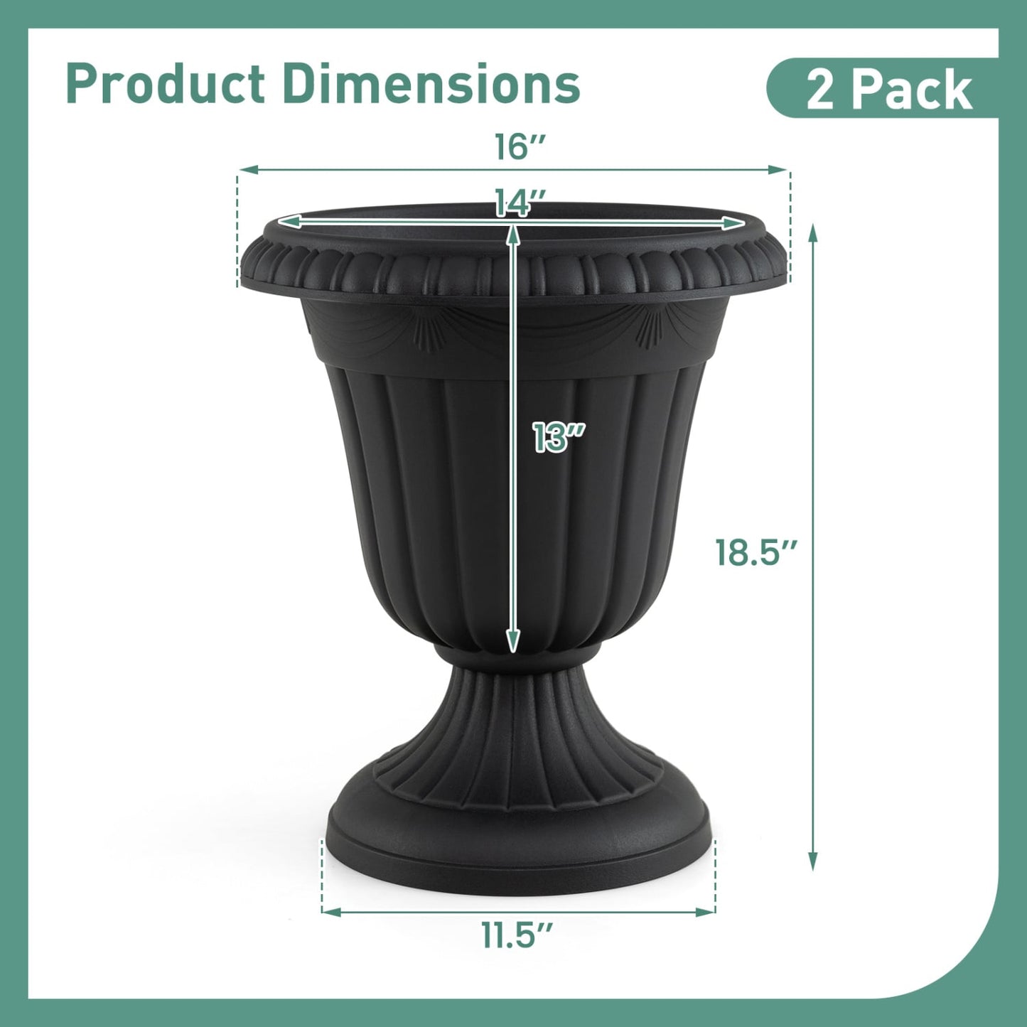 18 inch Tall Vintage Planters Set of 2 with Pedestal Base and Pre-marked Drain Hole, Black