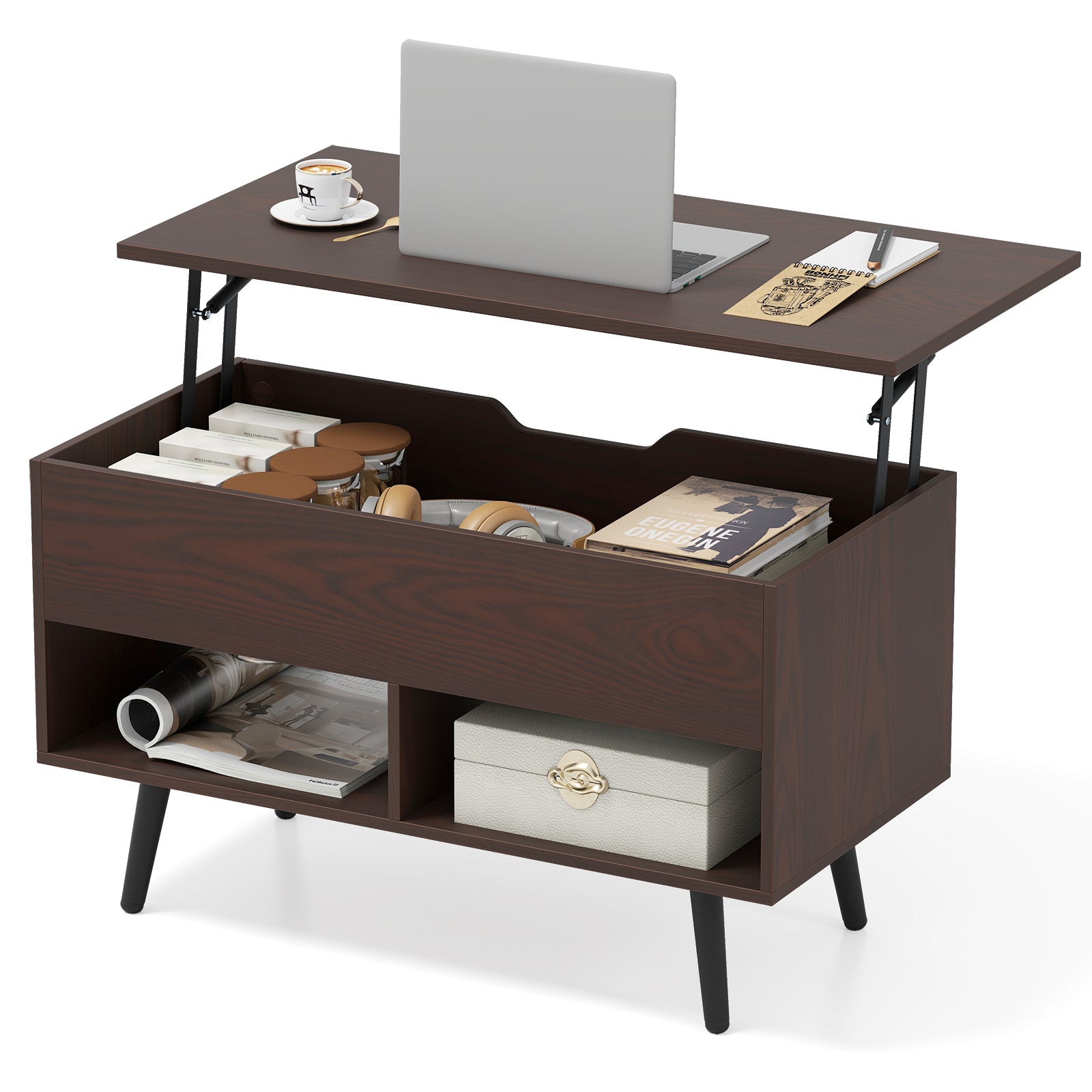 31.5 Inch Lift-Top Coffee Table with Hidden Storage and 2 Open Shelves, Brown Living Room at Gallery Canada