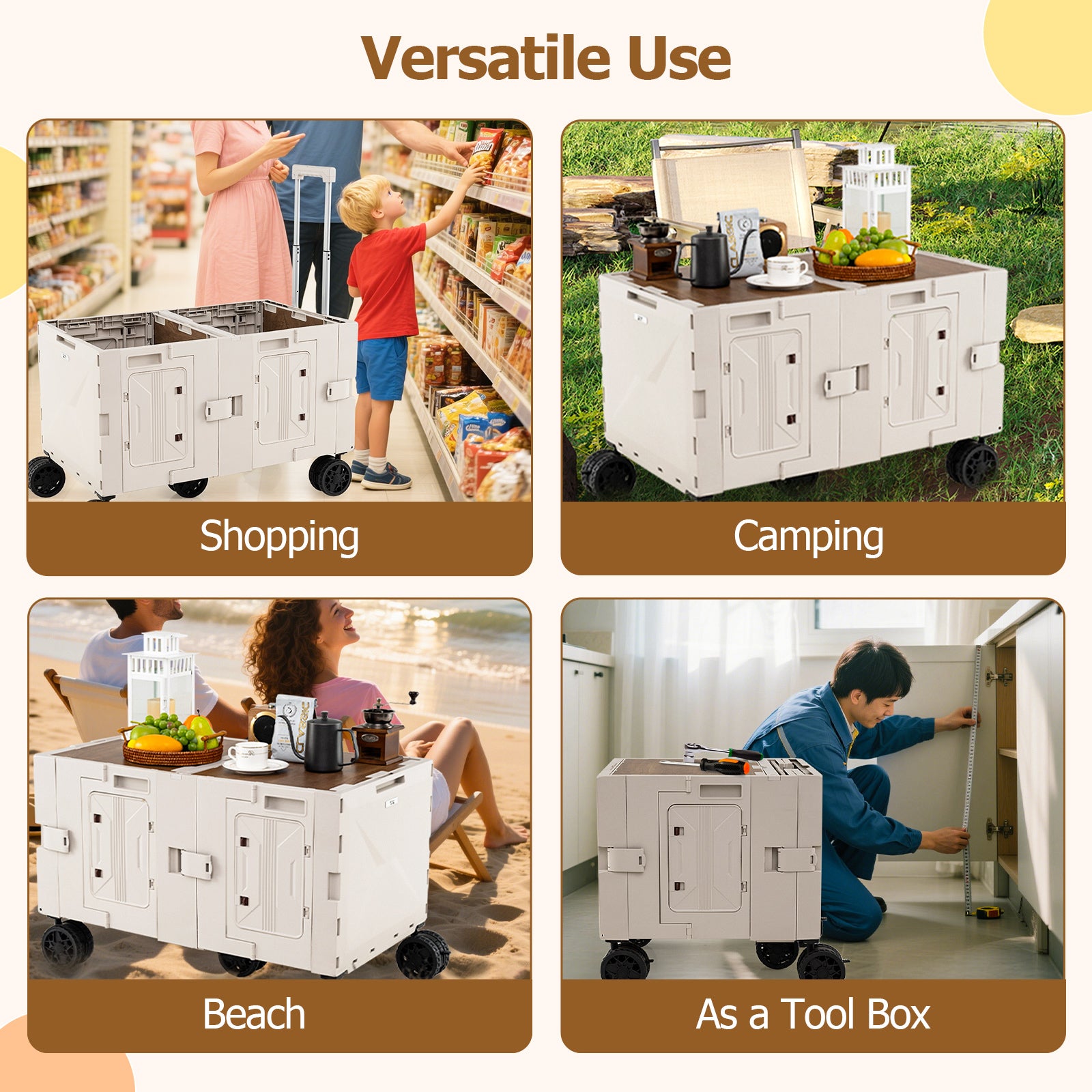 Large Foldable Utility Cart with 2-Tier Storage Crates and Telescoping Handle, White Camping Furniture at Gallery Canada