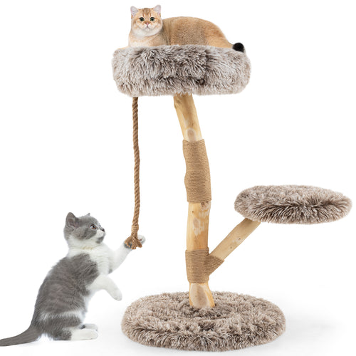 Modern Wooden Cat Tree Tower with Perch and Natural Jute Scratching Posts, Brown