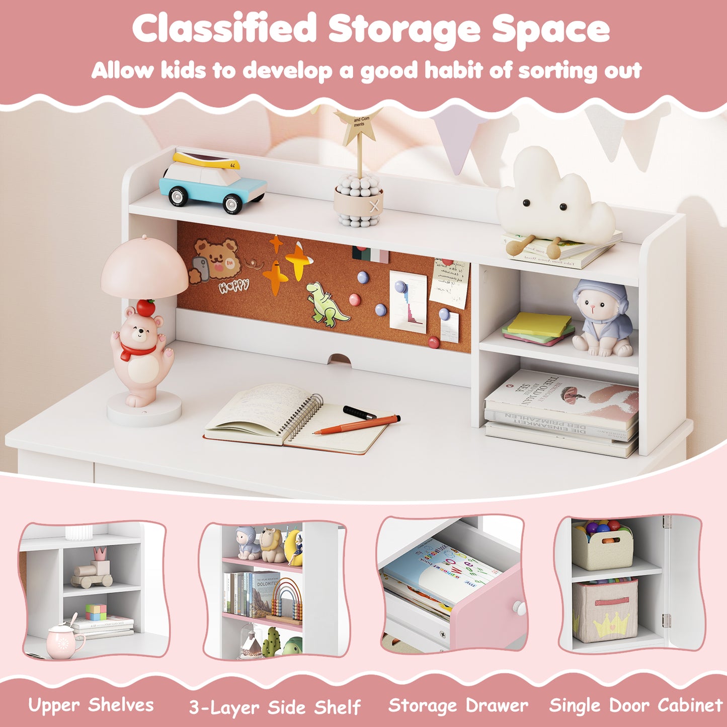 Kids Desk and Chair Set with Hutch and 3-Layer Side Shelf, Pink Kids Table & Chair Sets at Gallery Canada