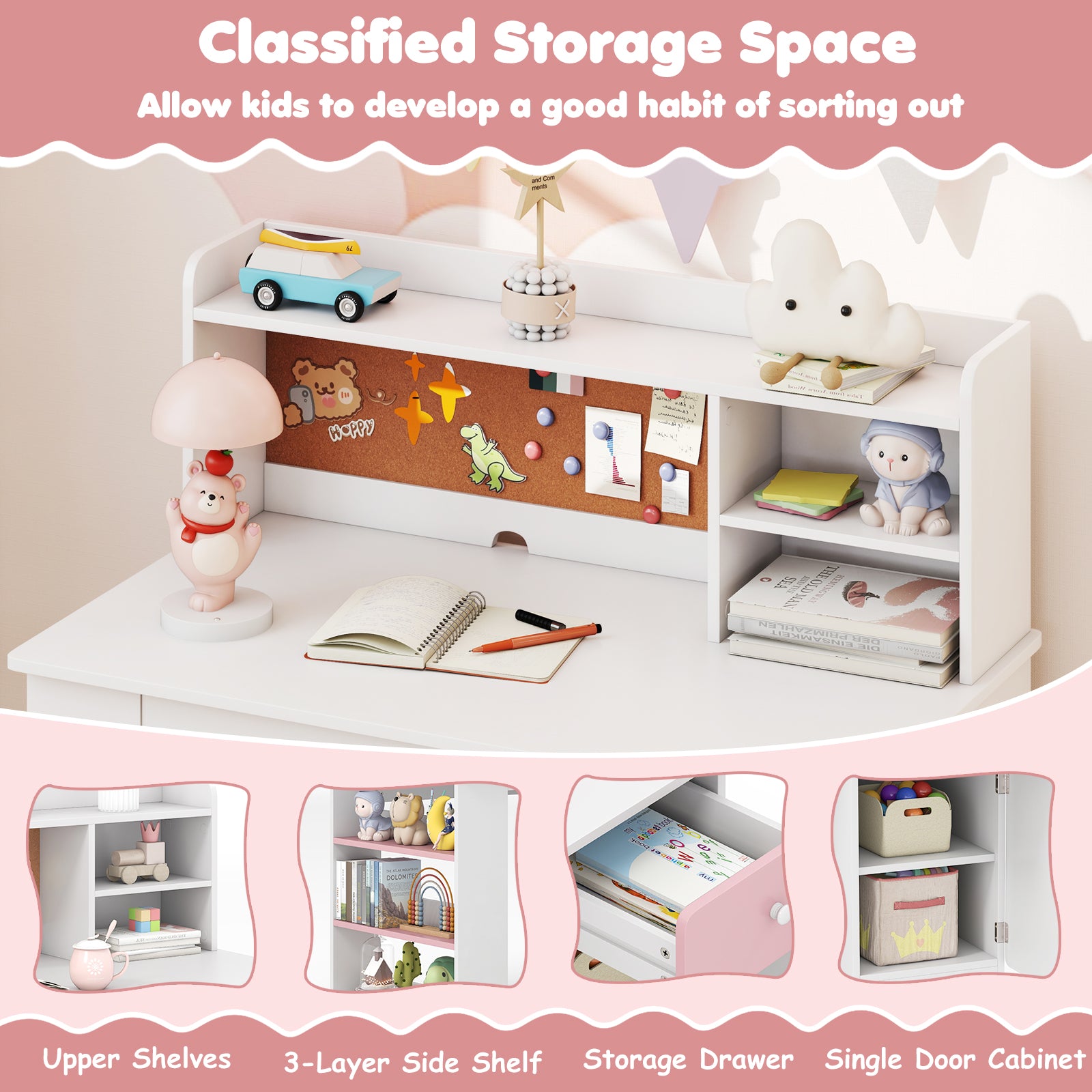 Kids Desk and Chair Set with Hutch and 3-Layer Side Shelf, Pink Kids Table & Chair Sets at Gallery Canada