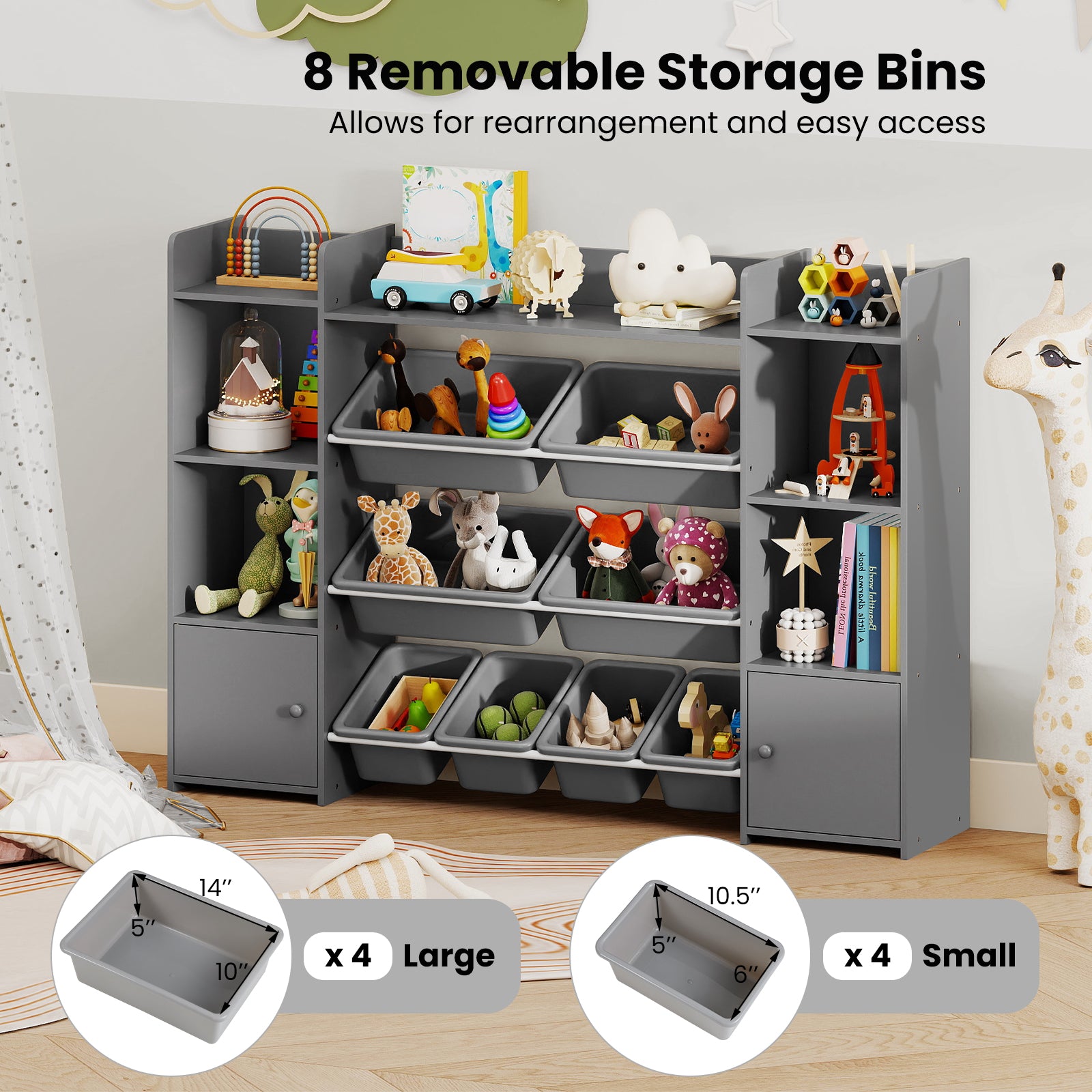 56 inch Large Toy Storage Organizer with 8 Removable Bins and Bookshelf, Gray Kids Storage at Gallery Canada