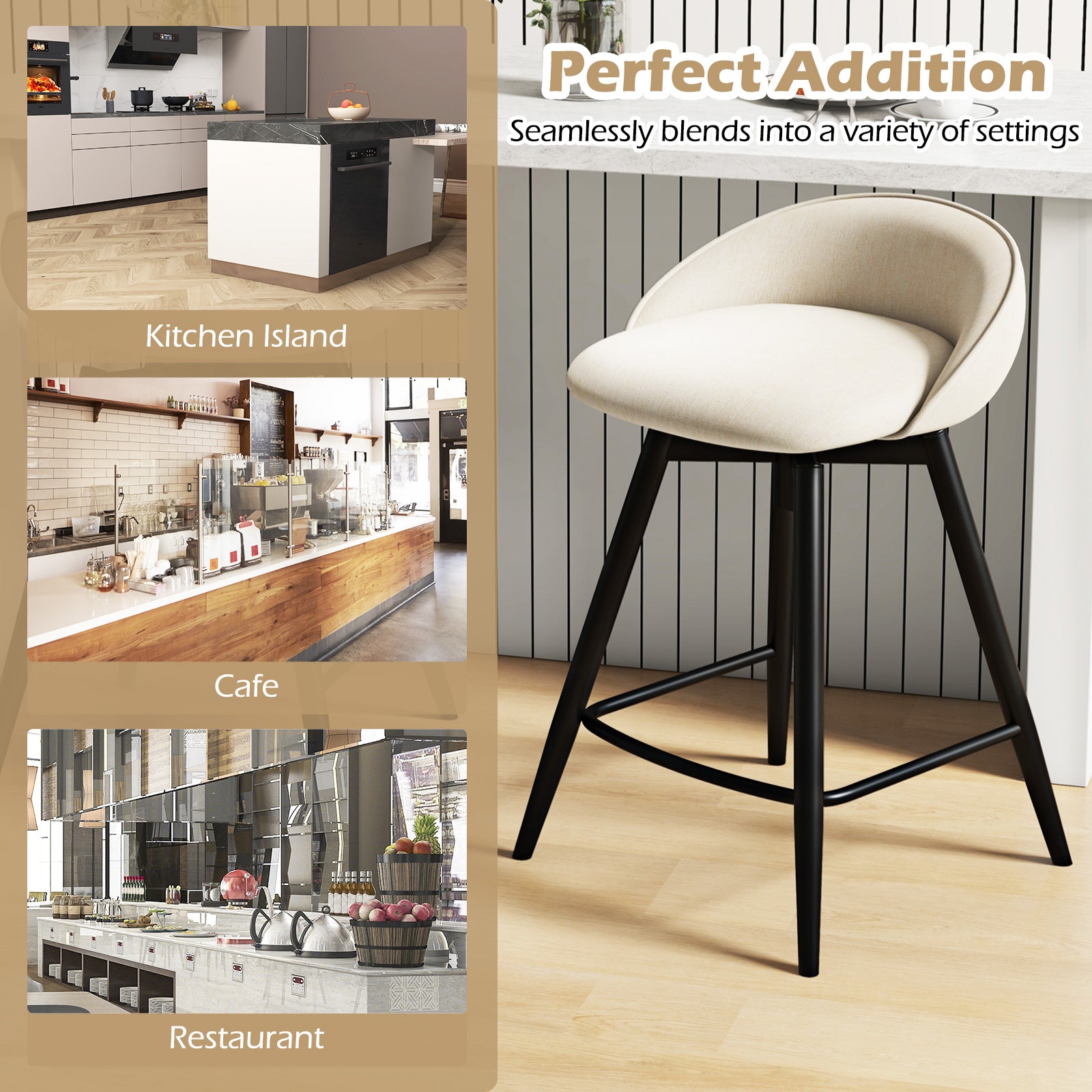 Upholstered Bar Stools Set of 2 with Footrest and Backrest, Beige Bar Stools at Gallery Canada