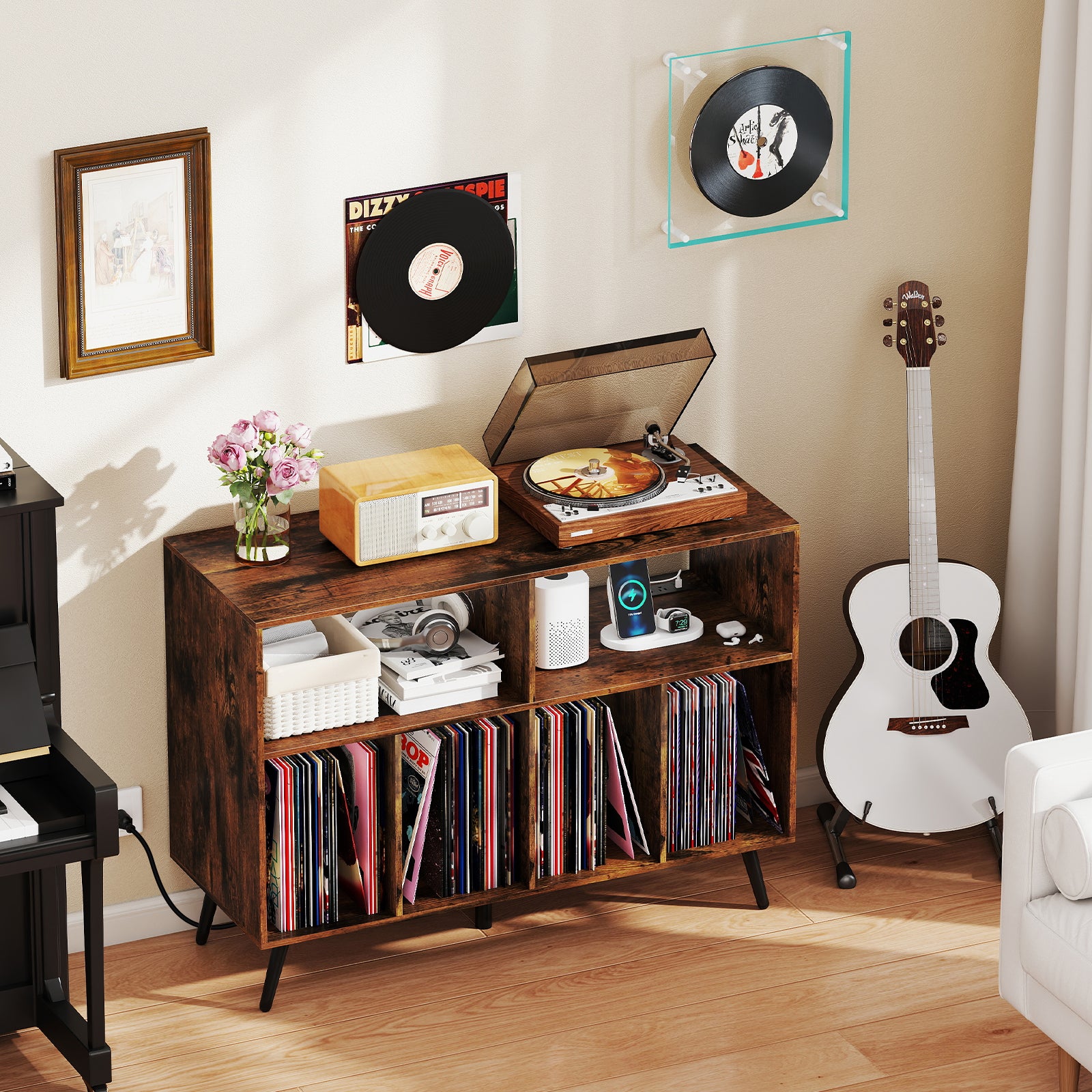 Record Player Stand with Charging Station and Open Shelves, Rustic Brown End & Side Tables at Gallery Canada