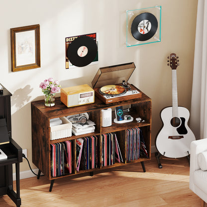 Record Player Stand with Charging Station and Open Shelves, Rustic Brown End & Side Tables at Gallery Canada