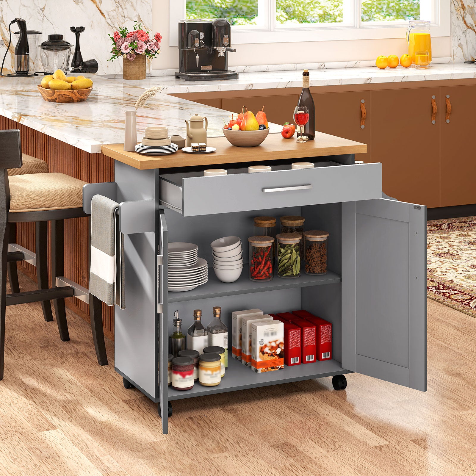 Rolling Kitchen Island Cart with Towel and Spice Rack, Gray Kitchen Islands & Carts at Gallery Canada