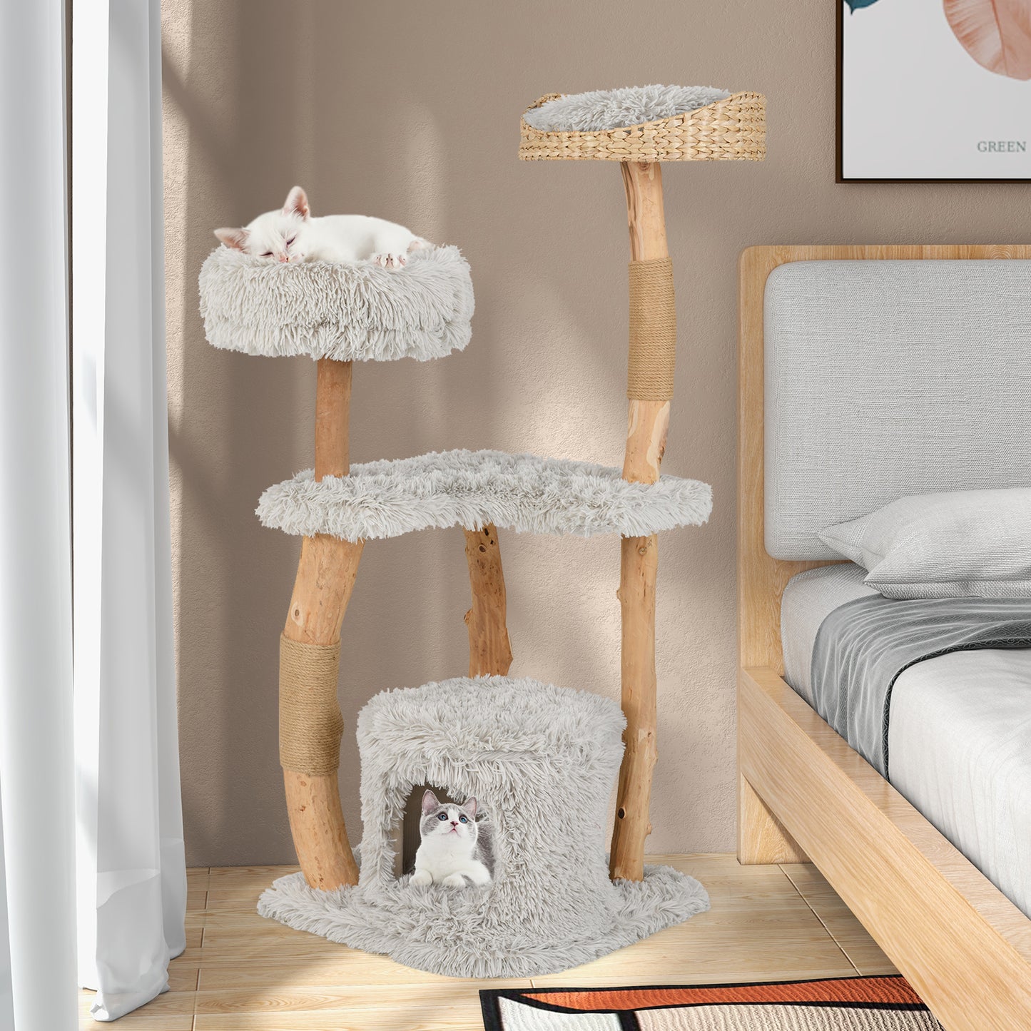 Solid Wood Cat Tower with Top Cattail Basket Cat Bed, Gray Cat Trees Condos & Scratchers at Gallery Canada