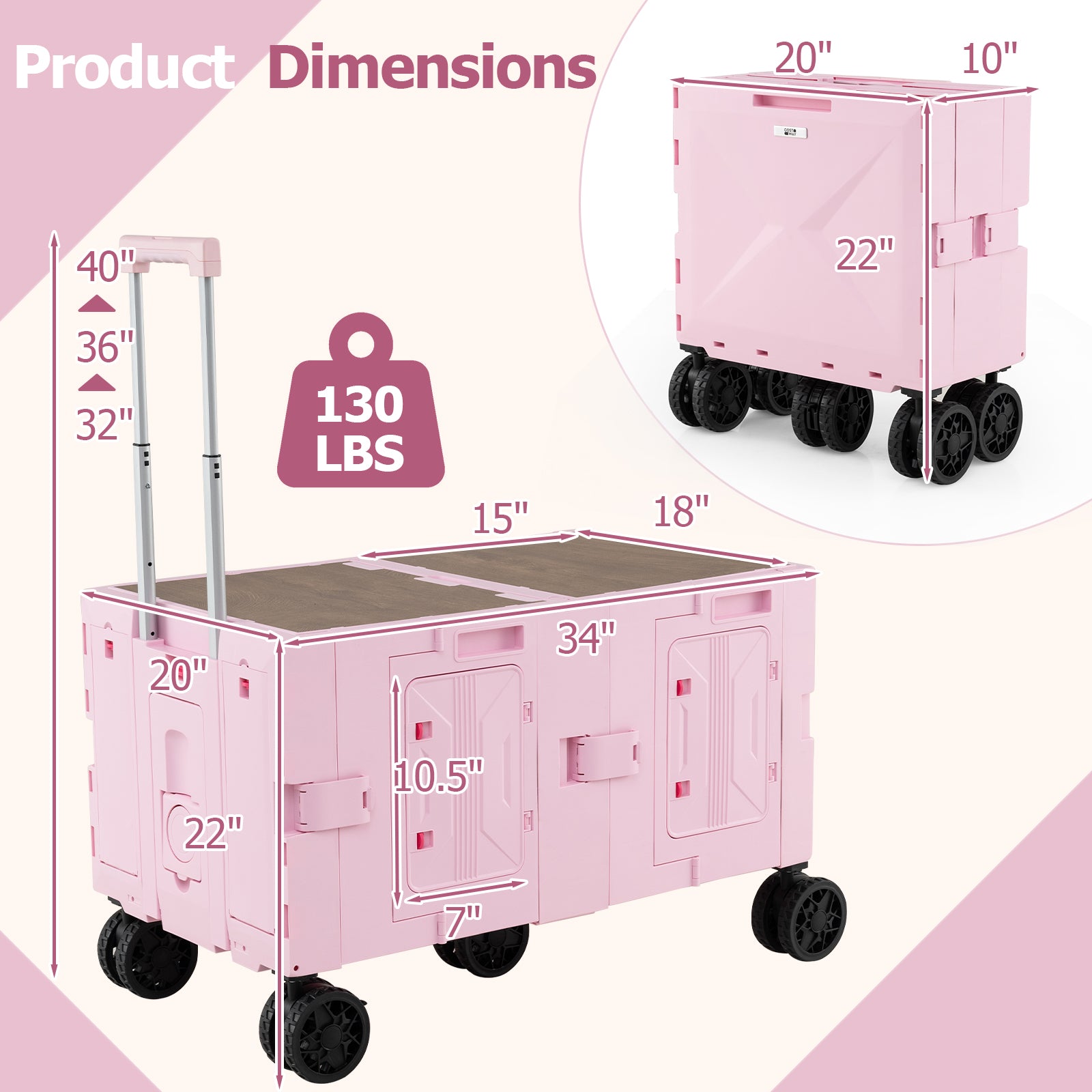 Large Foldable Utility Cart with 2-Tier Storage Crates and Telescoping Handle, Pink Camping Furniture at Gallery Canada