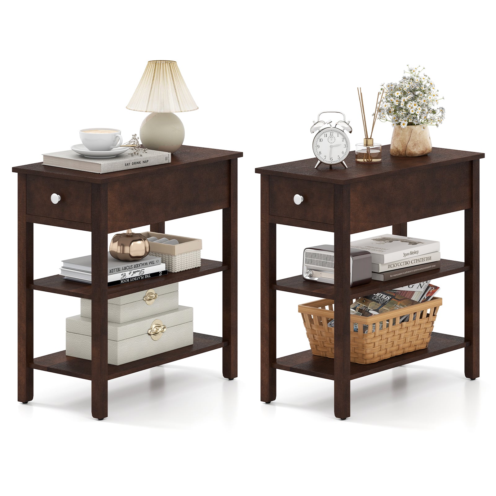 3-Tier Narrow End Table with Drawer and Storage Shelves Set of 2, Walnut Living Room at Gallery Canada