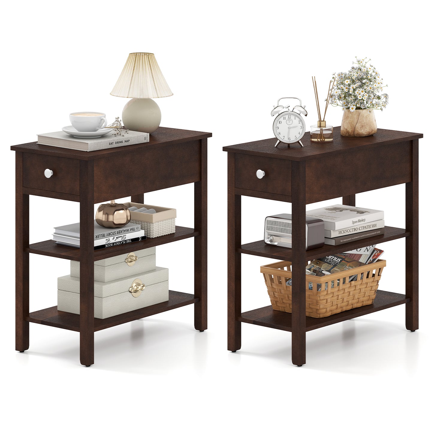 3-Tier Narrow End Table with Drawer and Storage Shelves Set of 2, Walnut Living Room at Gallery Canada