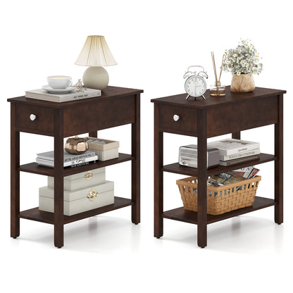 3-Tier Narrow End Table with Drawer and Storage Shelves Set of 2, Walnut Living Room at Gallery Canada