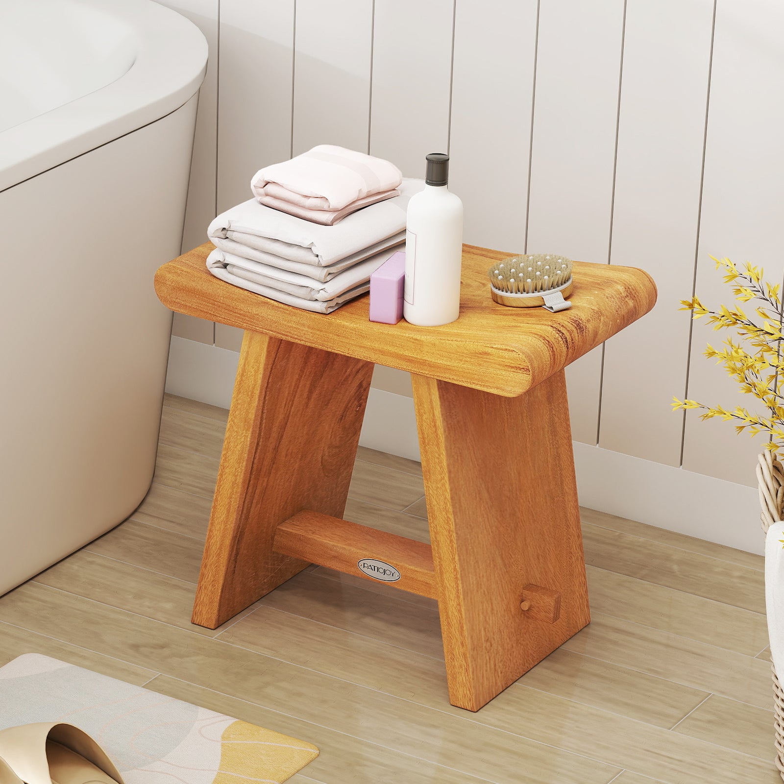 19.5 Inch Teak Shower Bench with Curved Seat for Shaving Legs, Natural Bath Safety at Gallery Canada