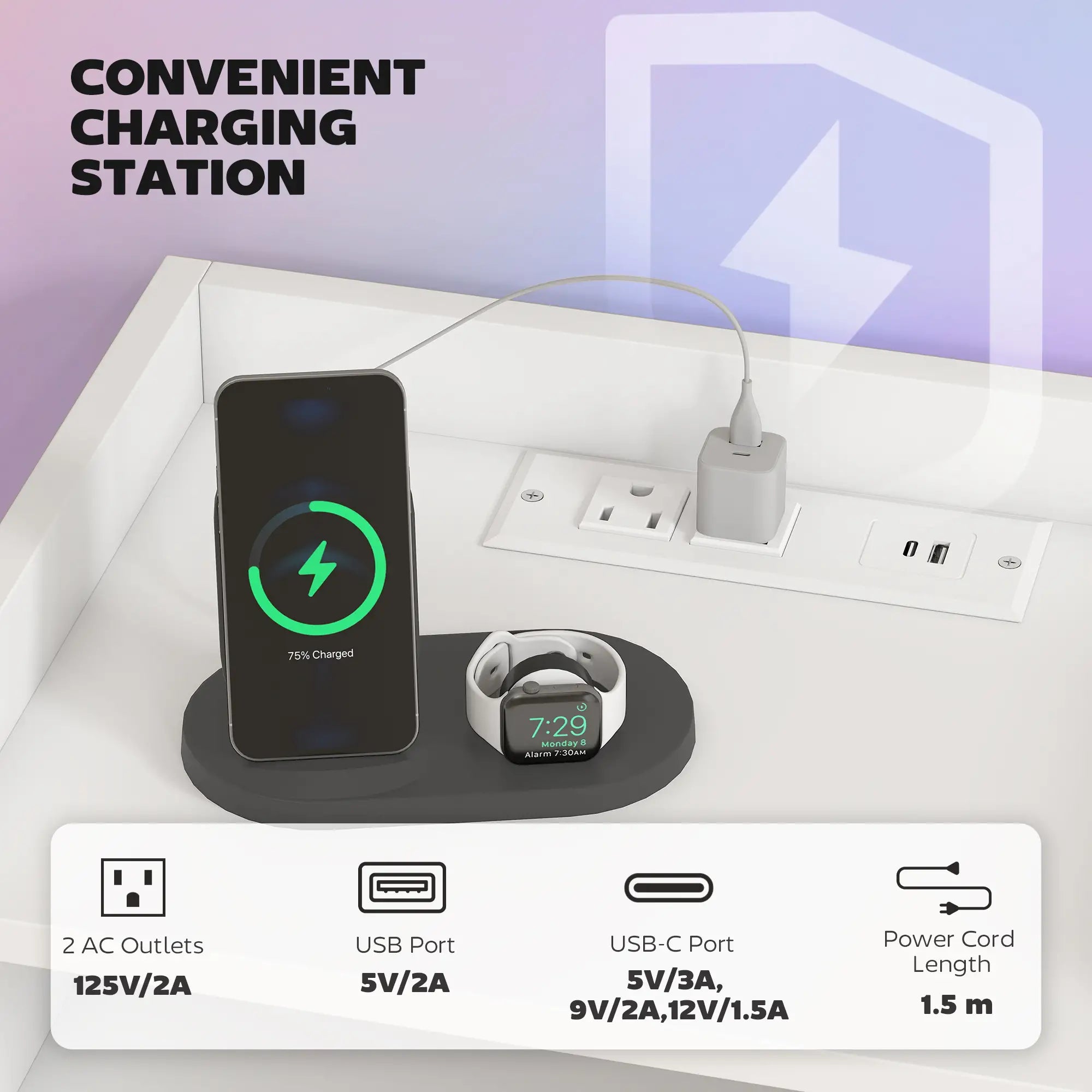 Wall Mounted Bedside Table Set of 2, Charging Station, Drawer, Shelf, White Bedside Tables at Gallery Canada