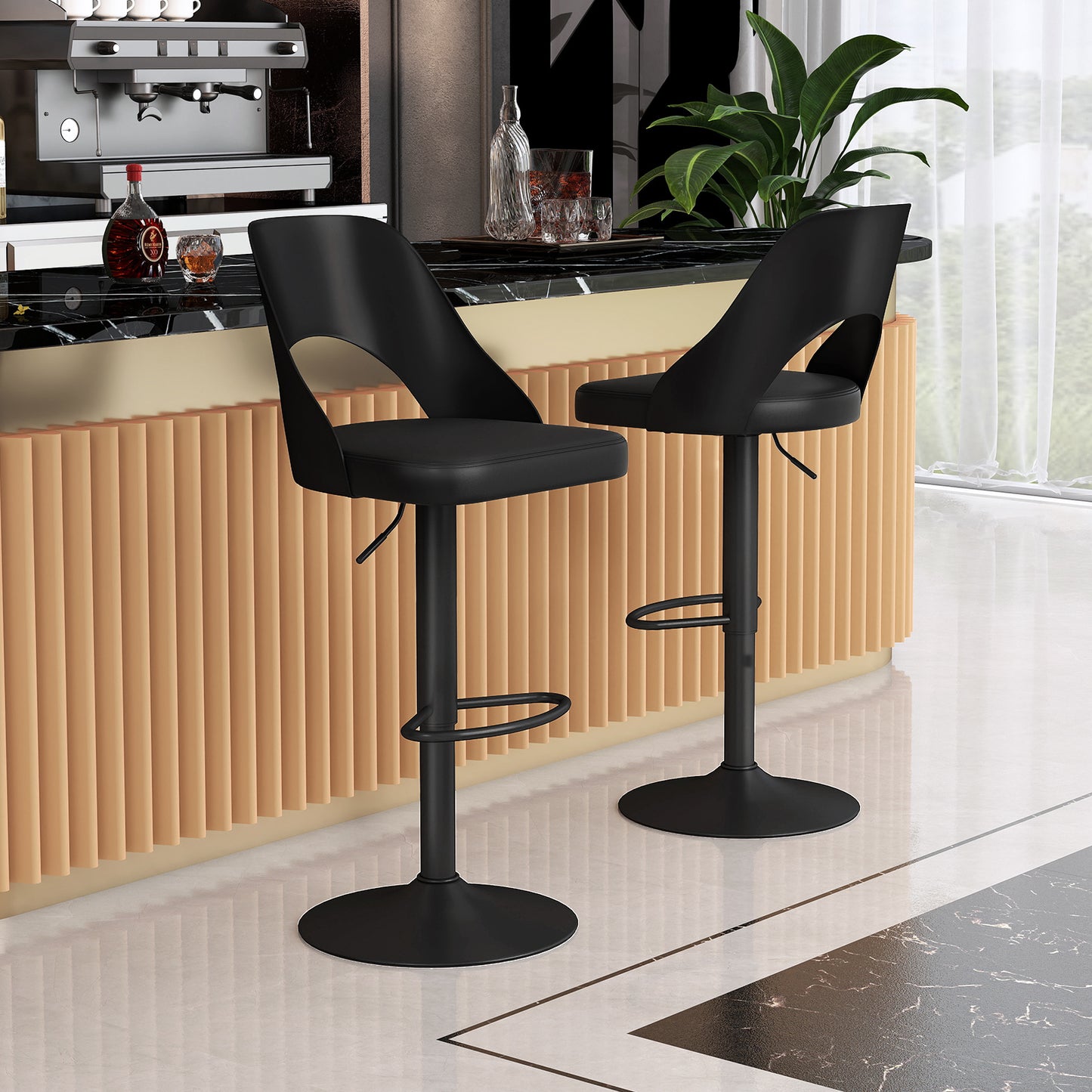 Bar Stools Set of 2 with Enlarged PU Leather Seat and Footrest, Black Bar Stools at Gallery Canada