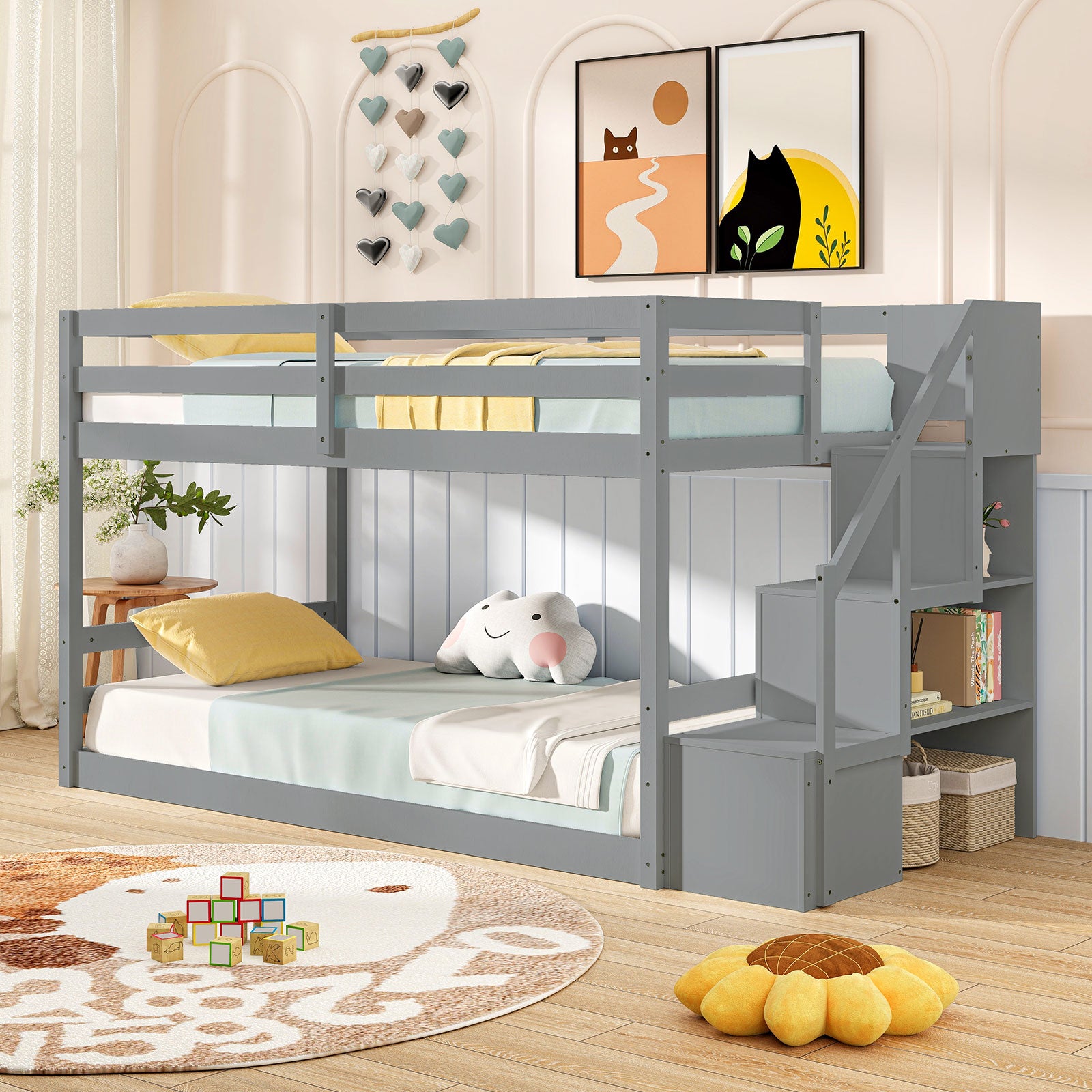 Twin Over Twin Low Bunk Bed with Storage Stairs Solid Wood Floor Bunk Bed Frame, Gray Bunk Bed Frame at Gallery Canada