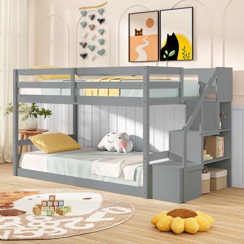 Twin Over Twin Low Bunk Bed with Storage Stairs Solid Wood Floor Bunk Bed Frame, Gray