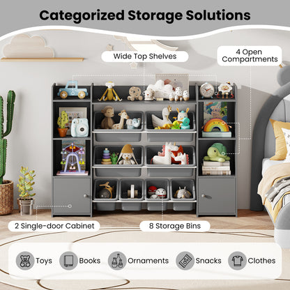 56 inch Large Toy Storage Organizer with 8 Removable Bins and Bookshelf, Gray Kids Storage at Gallery Canada