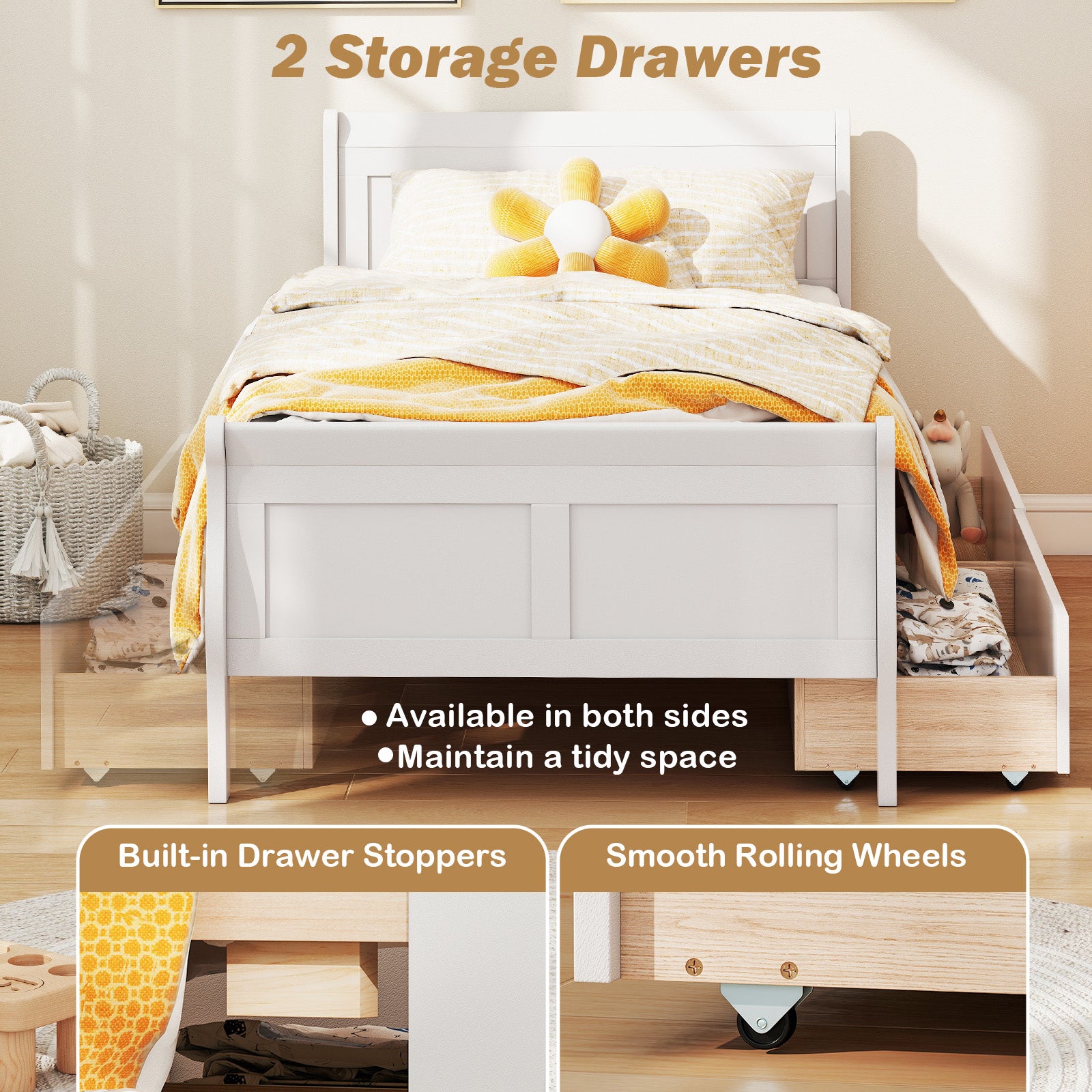 Twin Size Sleigh Bed with 2 Storage Drawers Wood Platform Bed Frame, White Simple Bed Frame at Gallery Canada