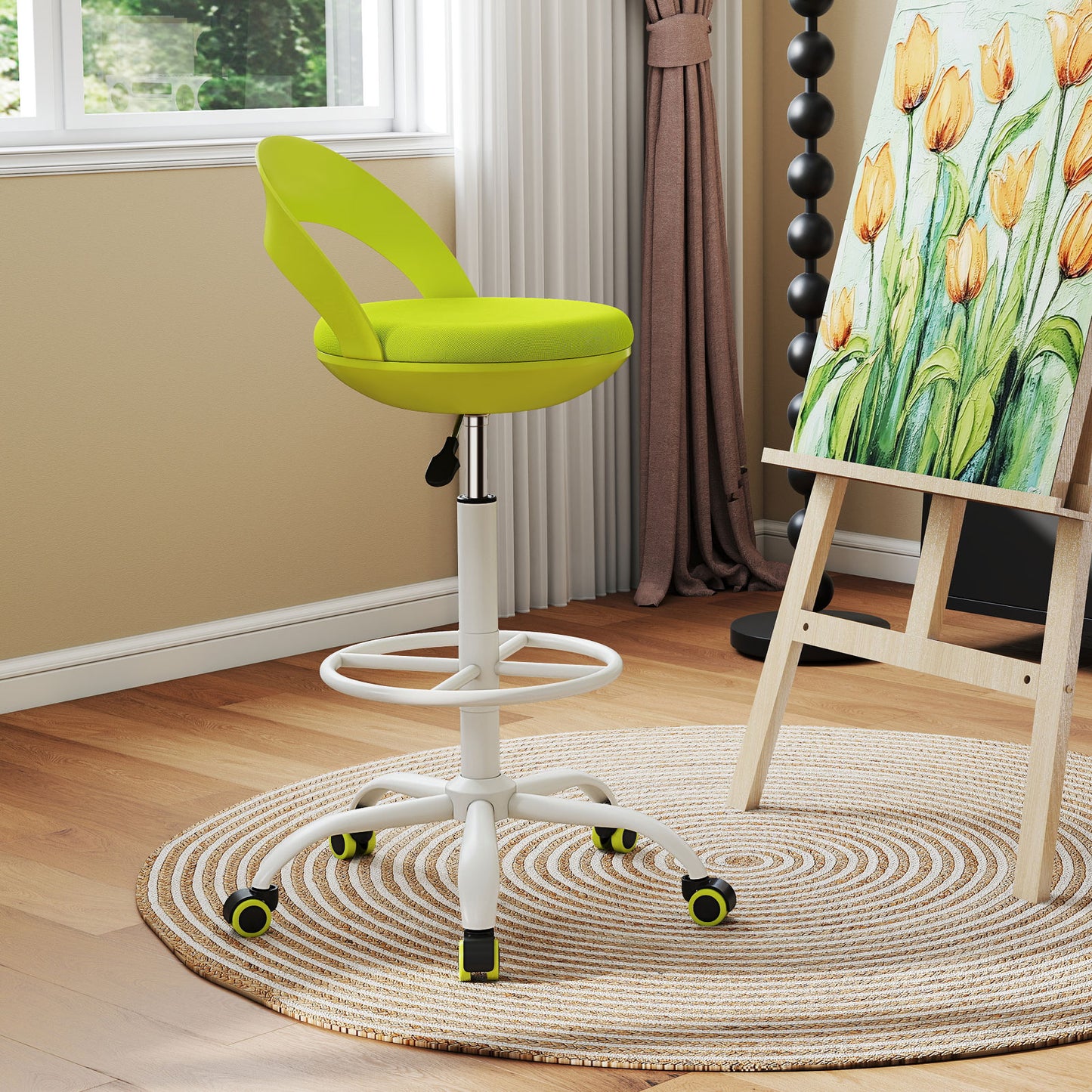Drafting Stool Rolling Tall Desk Chair with Wheels, Green Armless Chairs at Gallery Canada