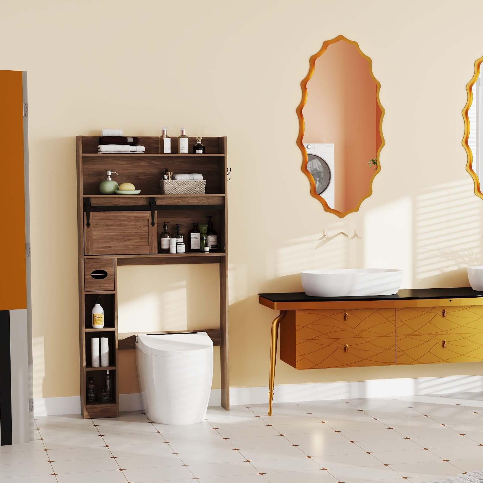 5-Piece Modern Bathroom Suite: Over The Toilet Cabinet + Smart Toilet Bidet + Oval Sink + Floor Cabinet + Clothes Dryer, White Floor Cabinets at Gallery Canada