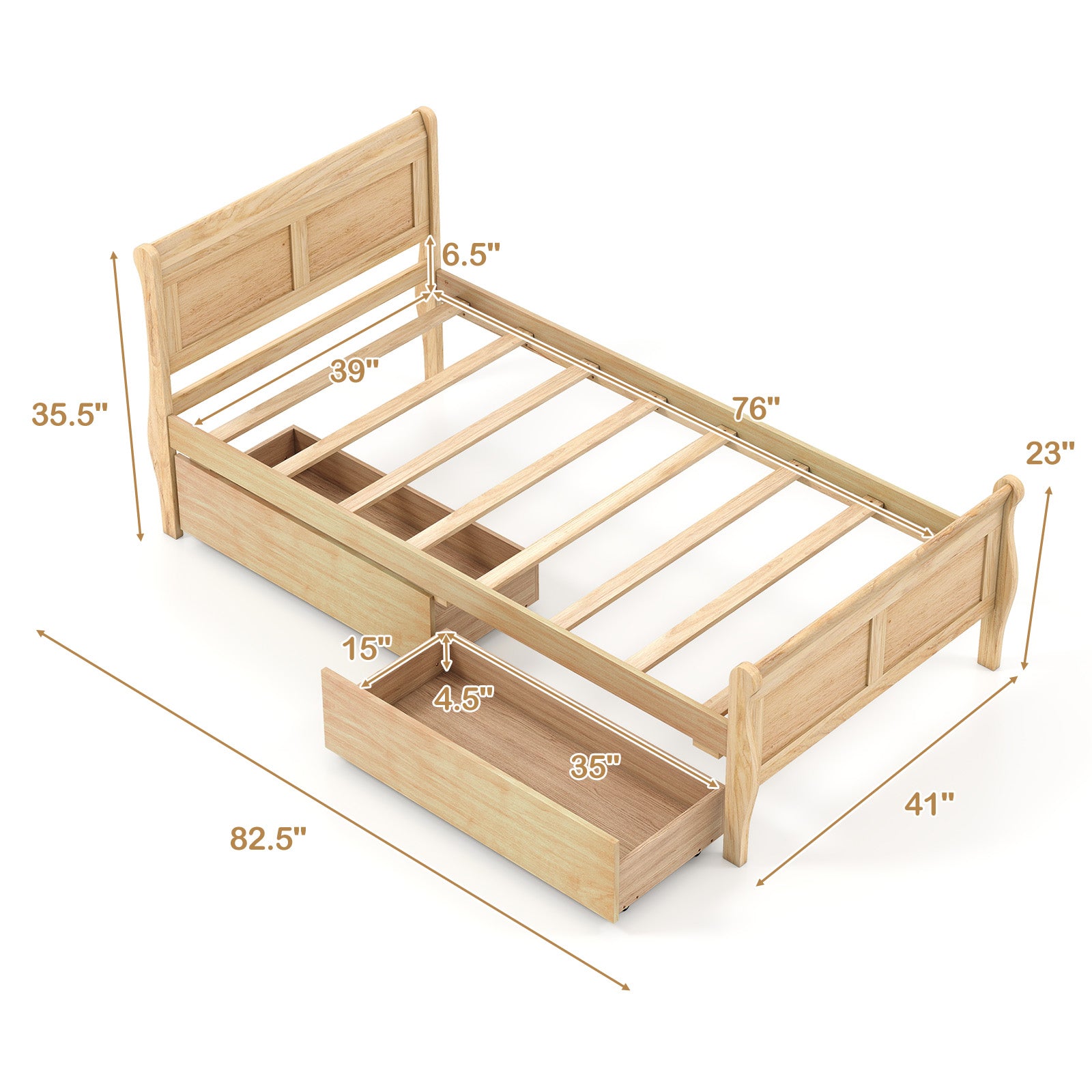 Twin Size Sleigh Bed with 2 Storage Drawers Wood Platform Bed Frame, Natural Simple Bed Frame at Gallery Canada