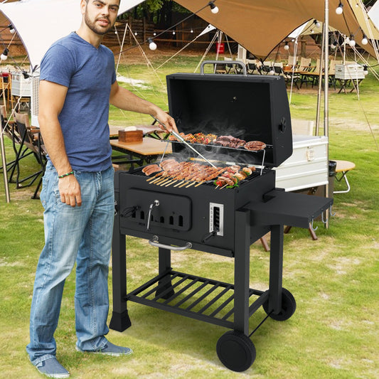 24-Inch Barrel Charcoal Grill with 2 Folding Side Tables and 544 sq.in Cooking Area, Black Outdoor Grills Black at Gallery Canada