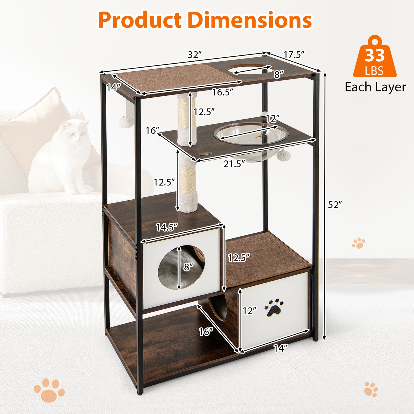 52 Inch Tall Wooden Cat Tree Metal Frame with 2 Condos and Cushions, Coffee Cat Trees Condos & Scratchers at Gallery Canada