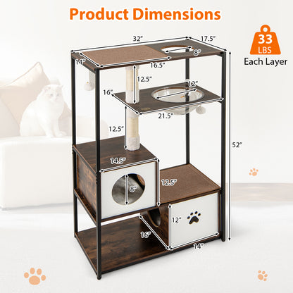 52 Inch Tall Wooden Cat Tree Metal Frame with 2 Condos and Cushions, Coffee Cat Trees Condos & Scratchers at Gallery Canada