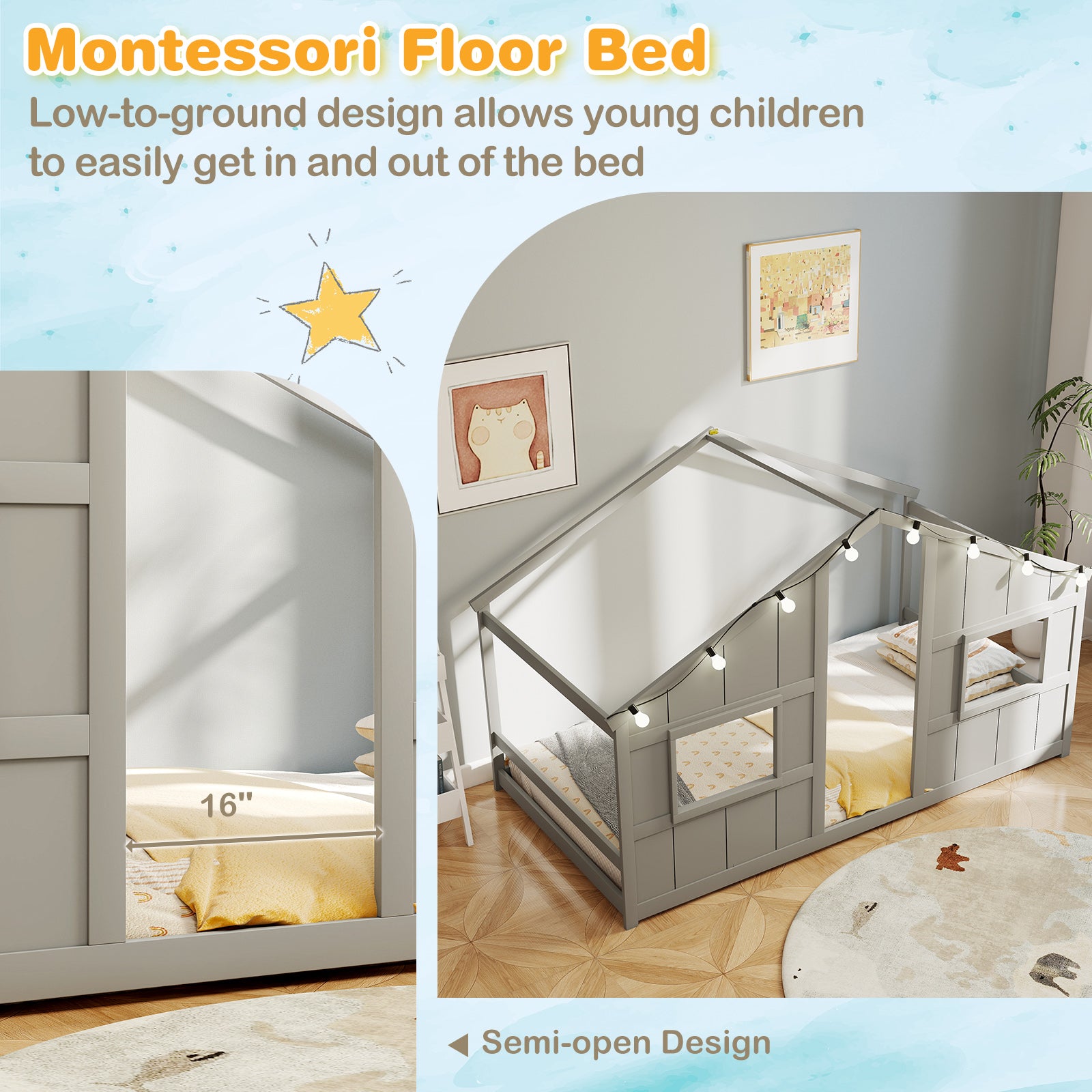 Twin Size House Bed with LED Lights Montessori Slat-free Floor Bed-Grey, Gray Toddler Beds at Gallery Canada