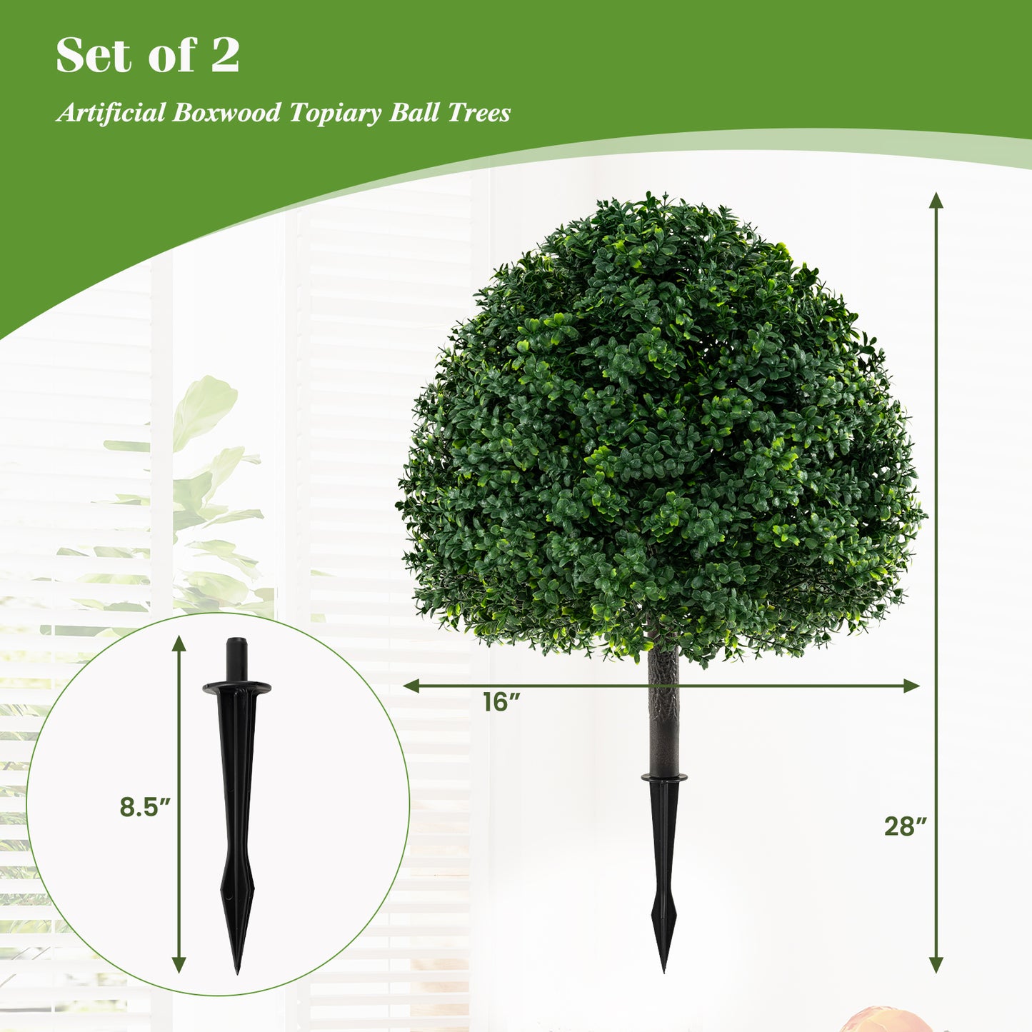 28 Inches Artificial Boxwood Topiary Ball Tree Set of 2 with Ground Spike, Green Faux Plants at Gallery Canada
