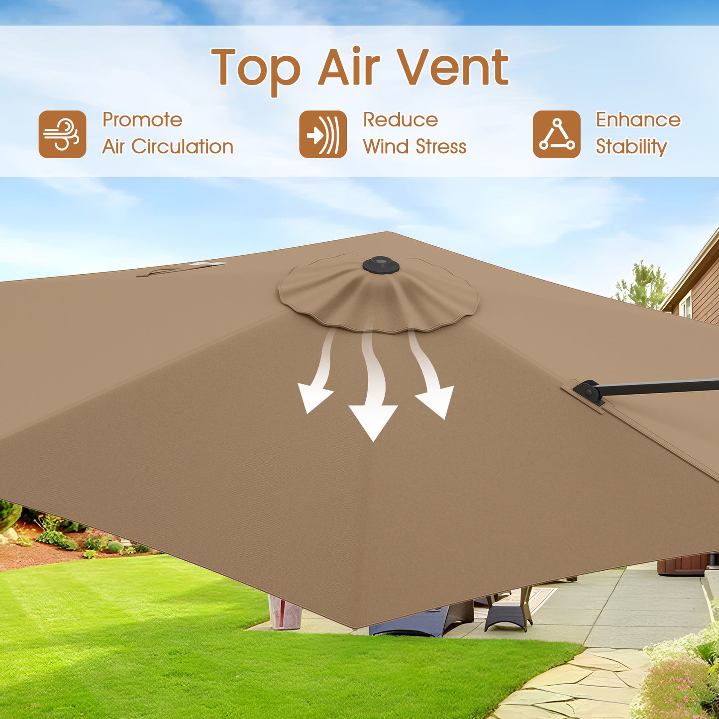 9 FT Cantilever Patio Umbrella with Vented Top and Sun-Protective Canopy, Brown Outdoor Umbrellas at Gallery Canada