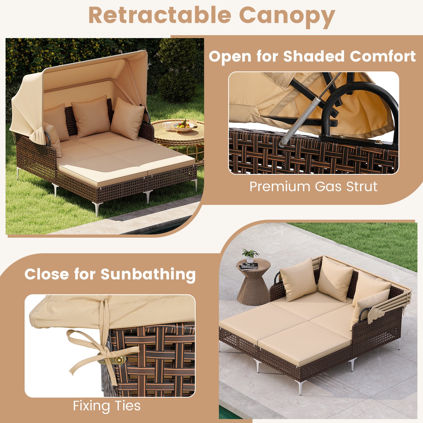 Outdoor Daybed with Retractable Canopy PE Wicker Rattan Patio Lounger, Brown Outdoor Chaise Lounges at Gallery Canada