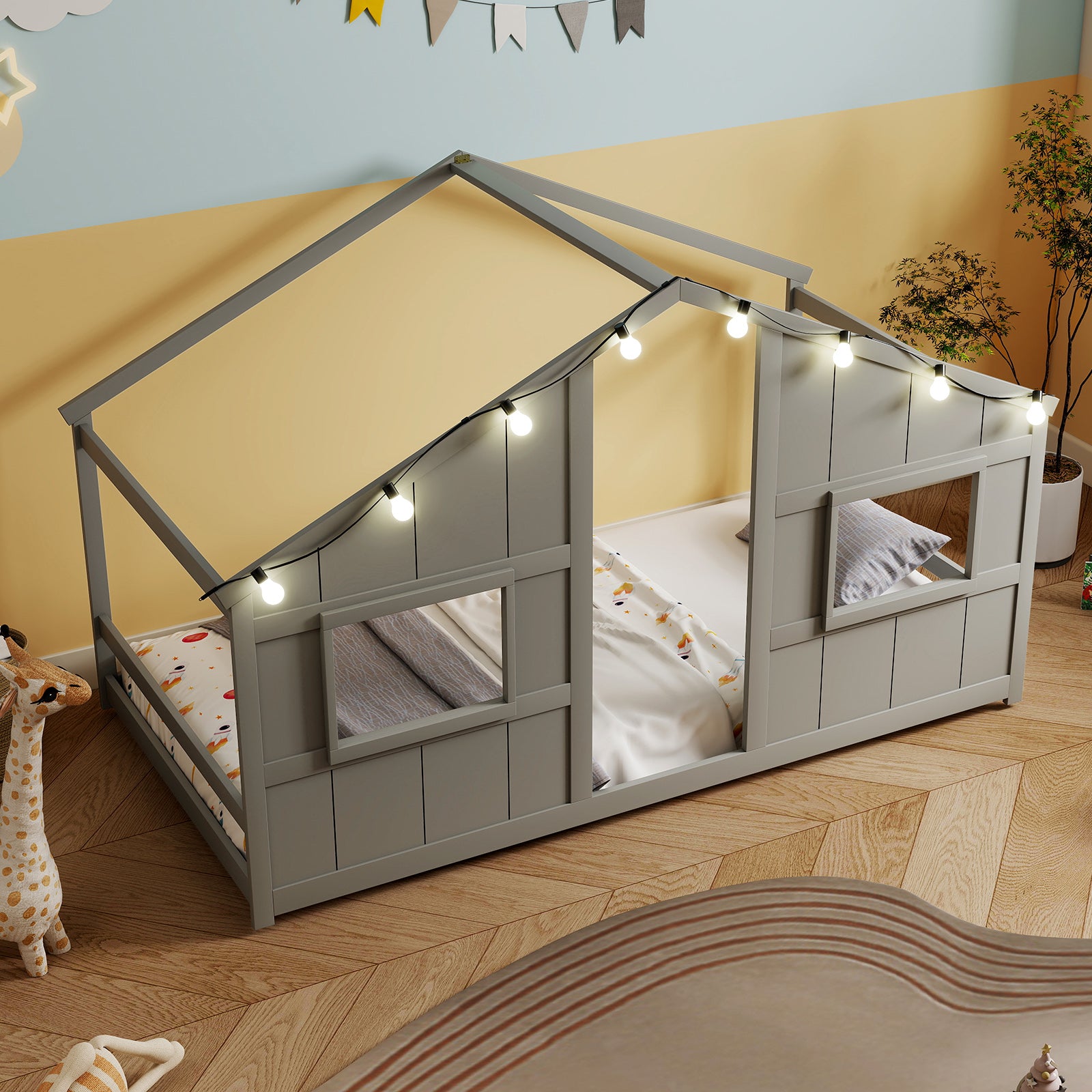 Twin Size House Bed with LED Lights Montessori Slat-free Floor Bed-Grey, Gray Toddler Beds at Gallery Canada