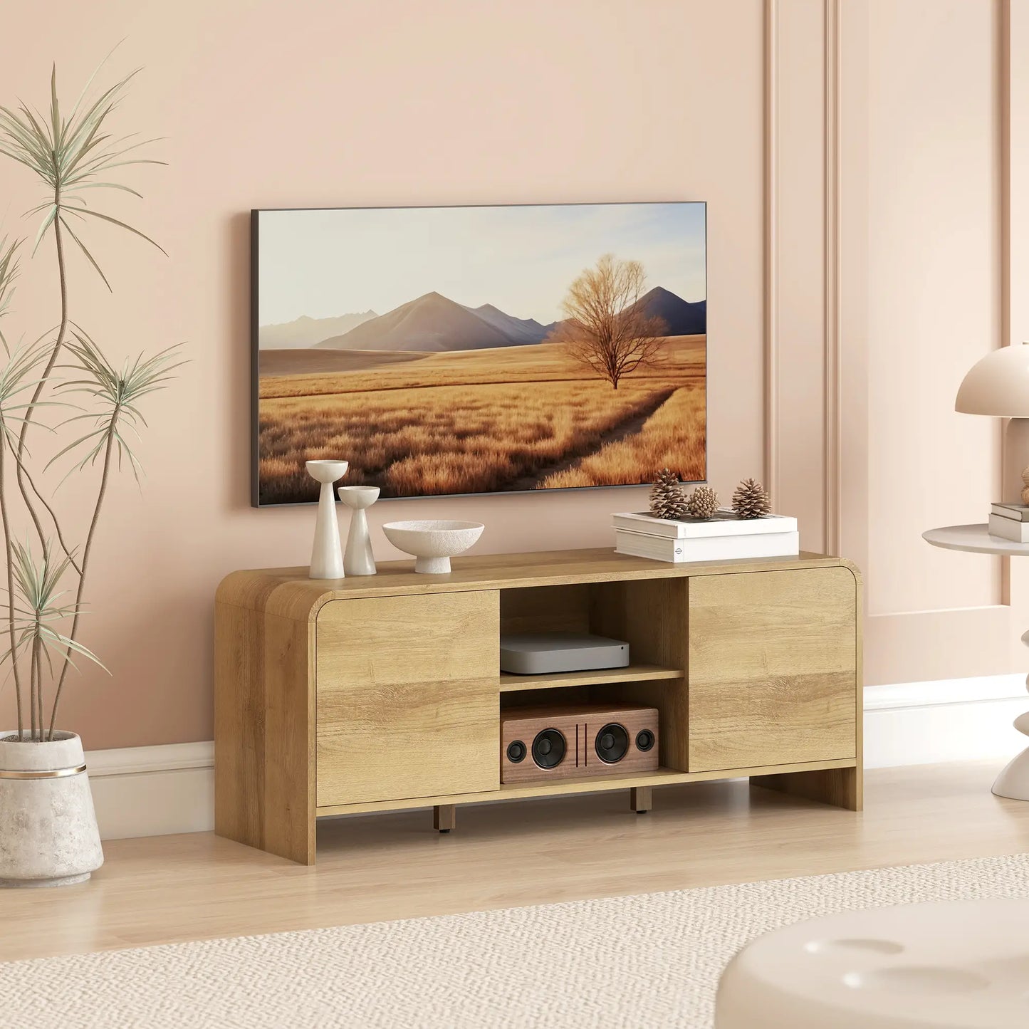 TV Stand For 55 Inch TV, Natural Wood Entertainment Center With 2 Cabinets