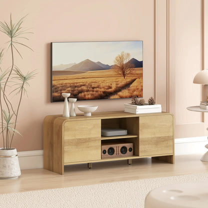 TV Stand For 55 Inch TV, Natural Wood Entertainment Center With 2 Cabinets