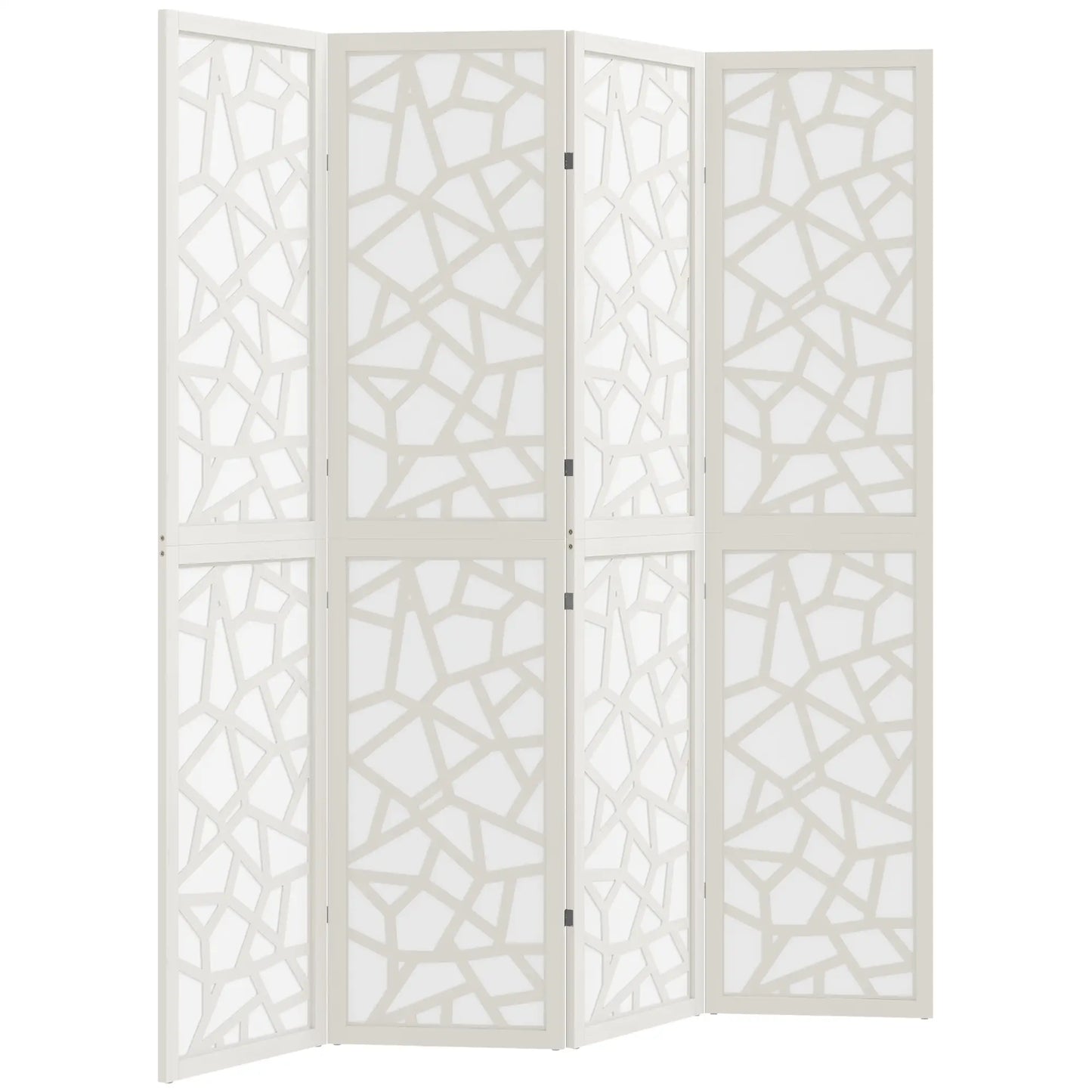 4 Panel Room Divider, 5.6 FT Geometric Pattern Privacy Screen, White