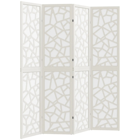 4 Panel Room Divider, 5.6 FT Geometric Pattern Privacy Screen, White