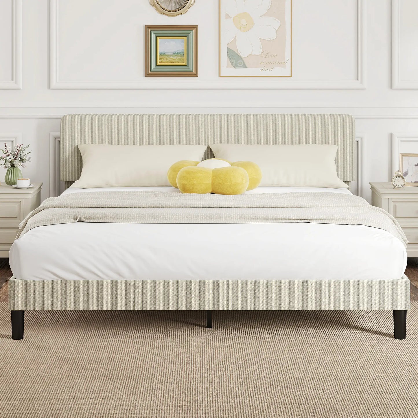 King Size Bed Frame, Adjustable Upholstered Headboard, Wood Slat Support, Light Grey Bed Frames at Gallery Canada