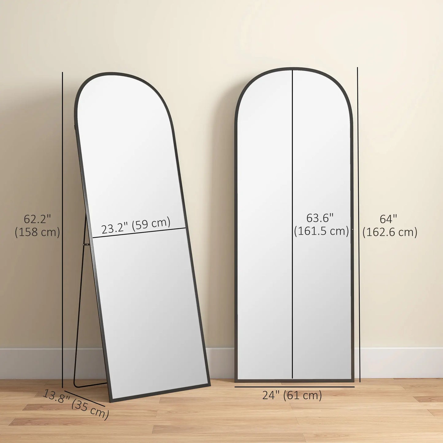 Arched Standing Mirror, 64" x 24", Full Length Mirror, Black
