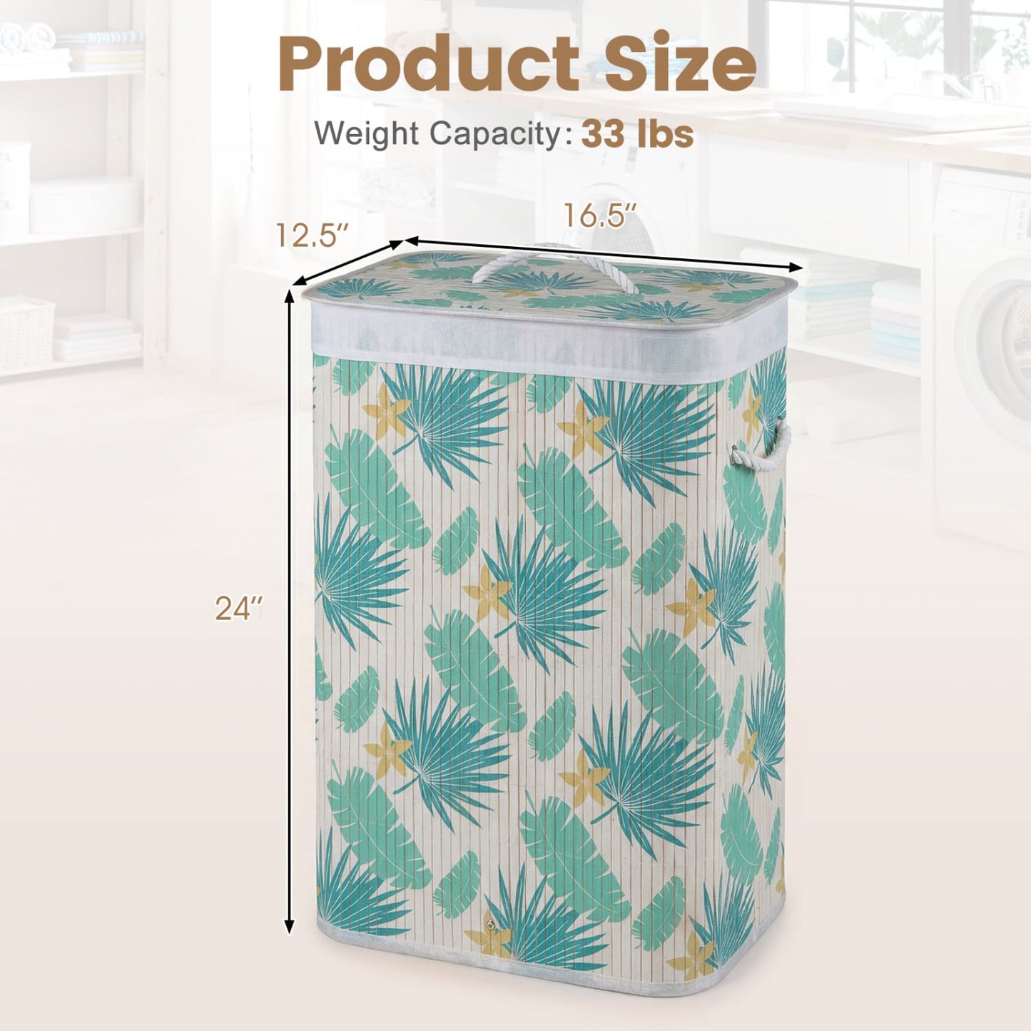 19 Gal Bamboo Clothes Hamper with Removable Liner and Portable Handles, Green